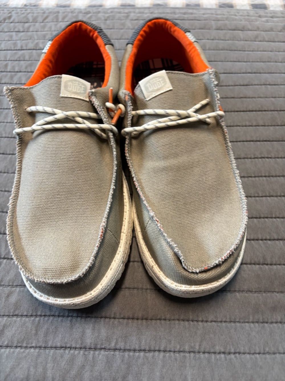 Hey Dude Men's Casual Canvas Slip-Ons in Gray with Orange Lining